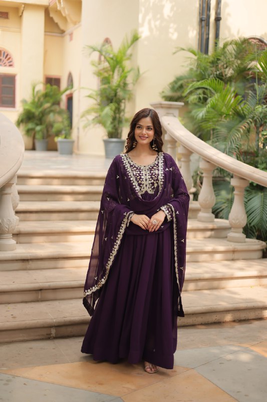 Breathtaking Faux Georgette Sequins Zari Worked Designer Gown - Ethnicwish