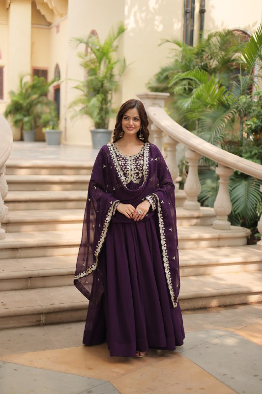 Breathtaking Faux Georgette Sequins Zari Worked Designer Gown - Ethnicwish