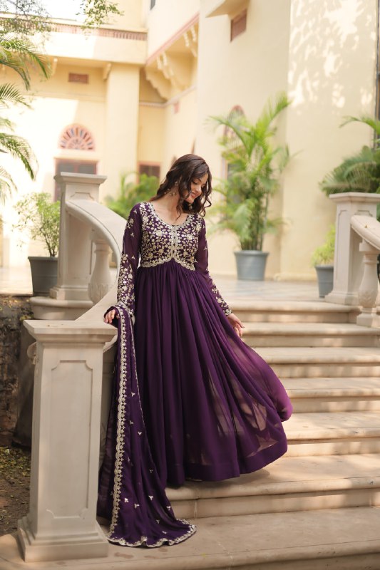 Breathtaking Faux Georgette Sequins Zari Worked Designer Gown - Ethnicwish