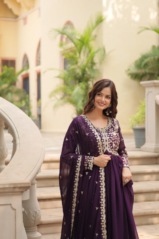 Breathtaking Faux Georgette Sequins Zari Worked Designer Gown - Ethnicwish