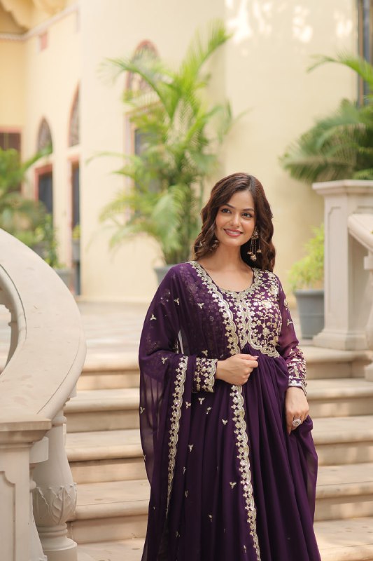 Breathtaking Faux Georgette Sequins Zari Worked Designer Gown - Ethnicwish