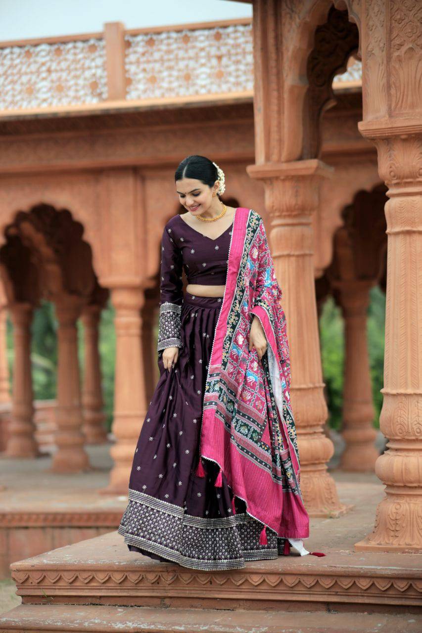 Unique Silk Sequins Embroidered Lehenga Choli Set - Ethnicwish