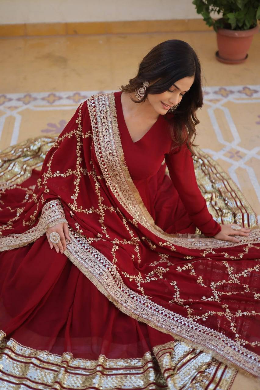 Majestic Maroon Faux Georgette Sequins Embroidered Designer Gown - Ethnicwish