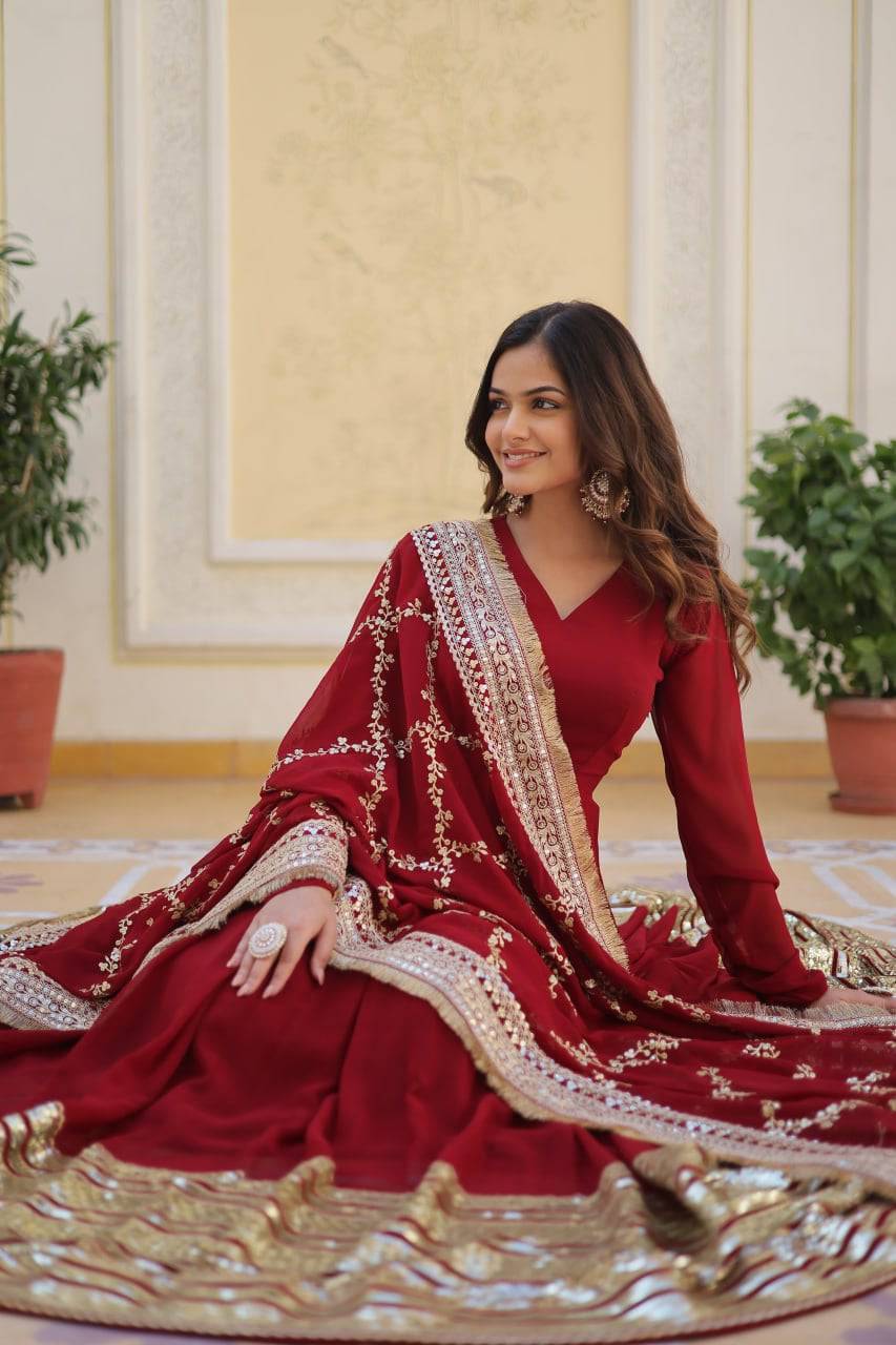 Majestic Maroon Faux Georgette Sequins Embroidered Designer Gown - Ethnicwish