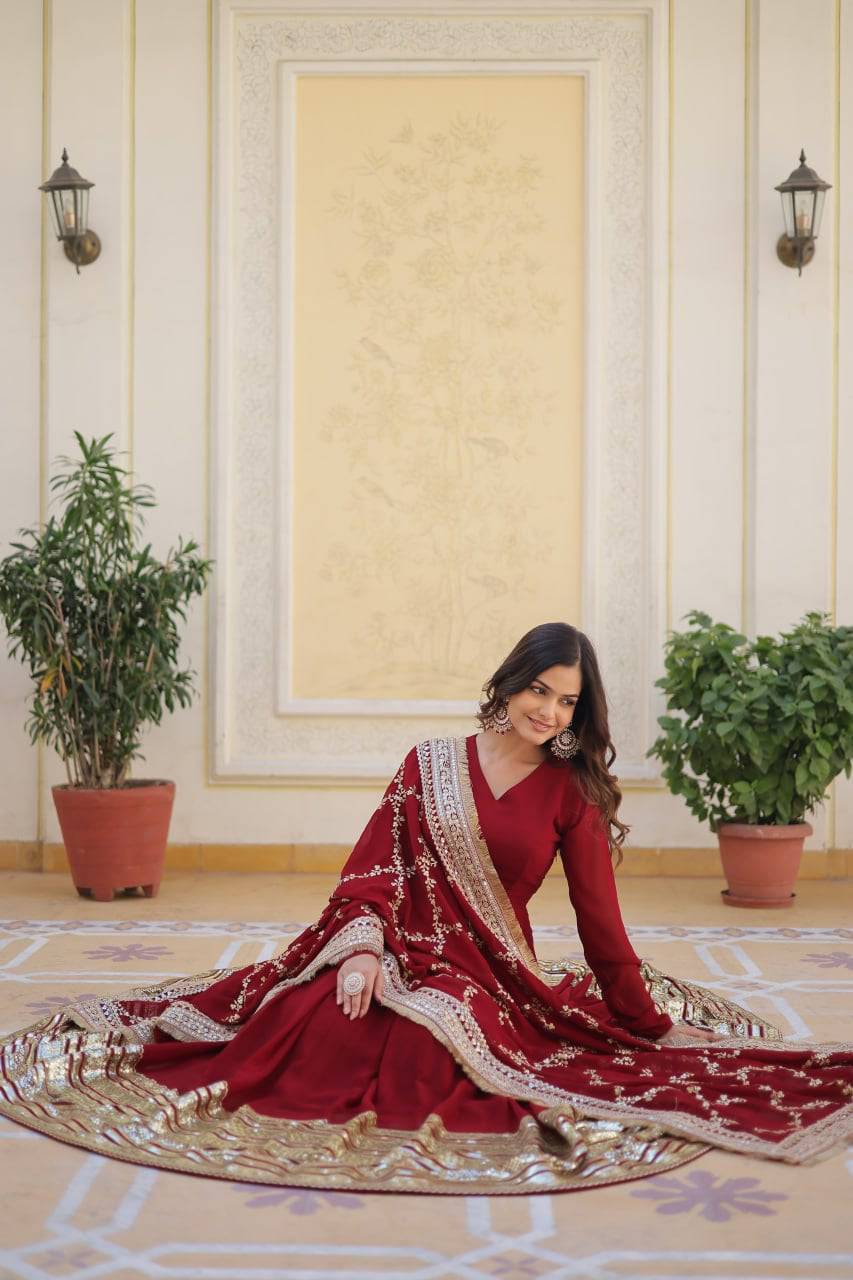 Majestic Maroon Faux Georgette Sequins Embroidered Designer Gown - Ethnicwish