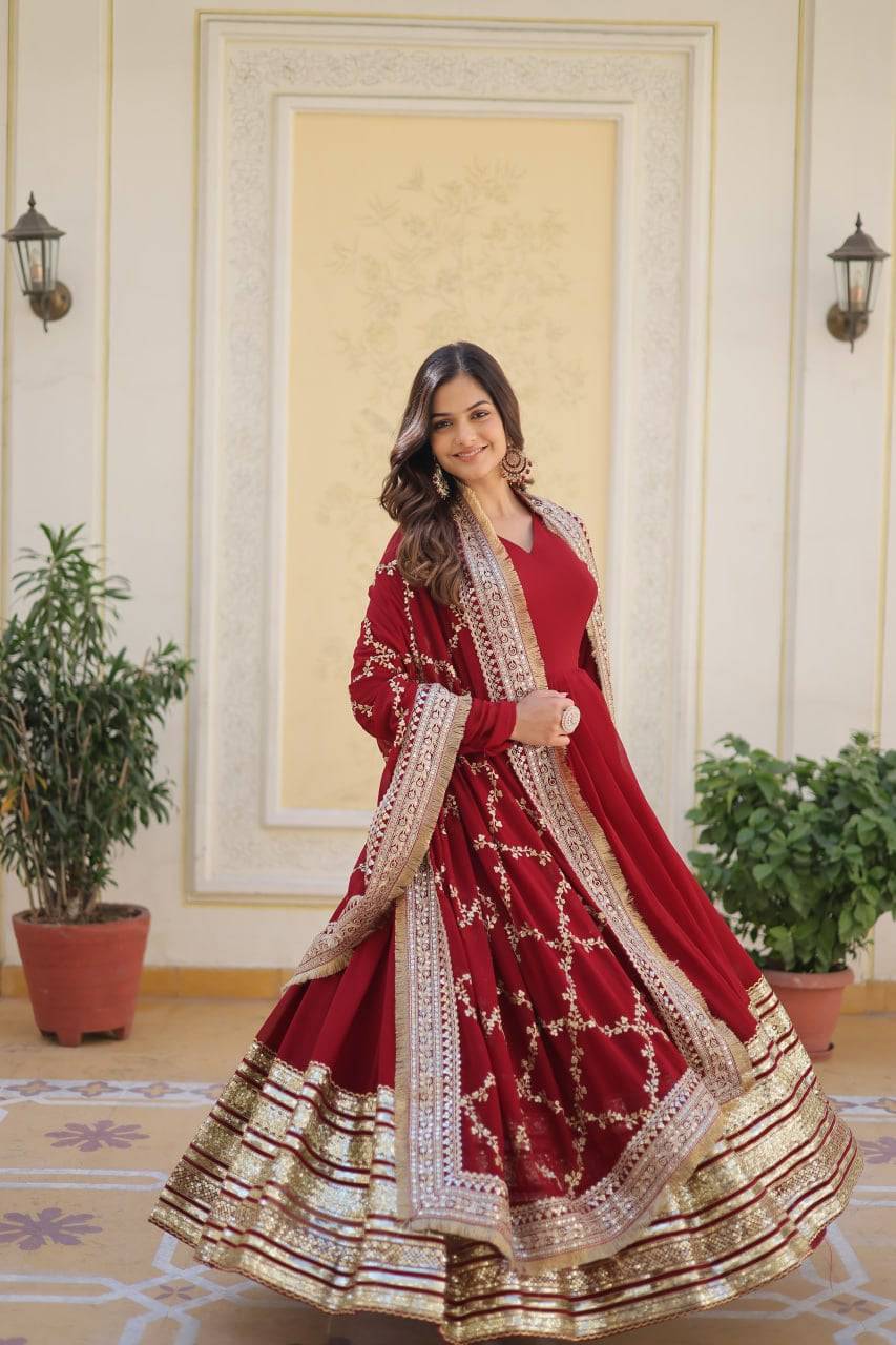 Majestic Maroon Faux Georgette Sequins Embroidered Designer Gown - Ethnicwish