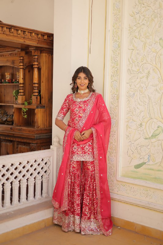 Magnificent Viscous Jacquard Designer Top Sharara Suit - Ethnicwish