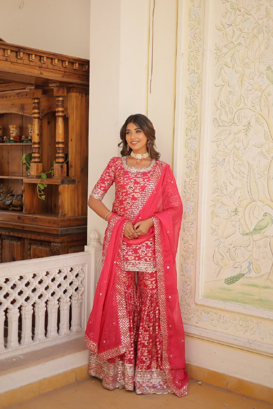 Magnificent Viscous Jacquard Designer Top Sharara Suit - Ethnicwish