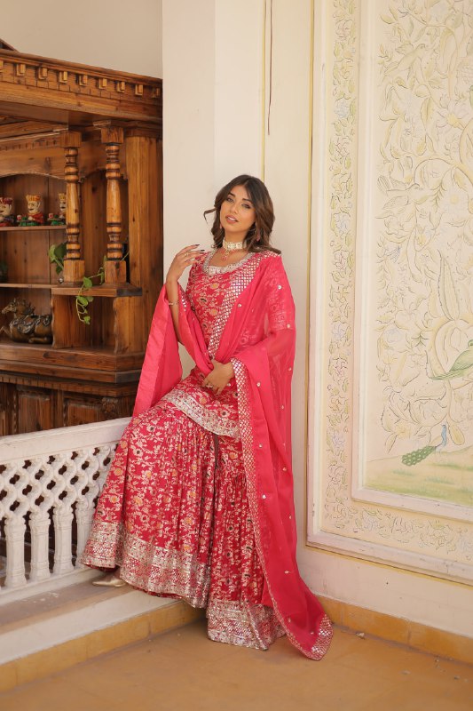 Magnificent Viscous Jacquard Designer Top Sharara Suit - Ethnicwish