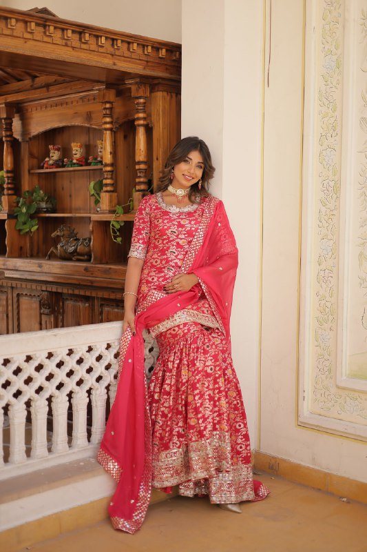 Magnificent Viscous Jacquard Designer Top Sharara Suit - Ethnicwish