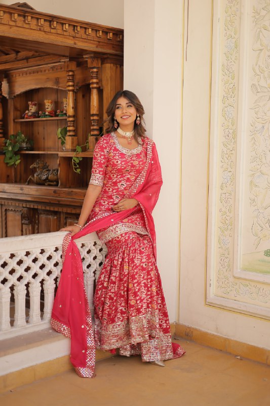 Magnificent Viscous Jacquard Designer Top Sharara Suit - Ethnicwish