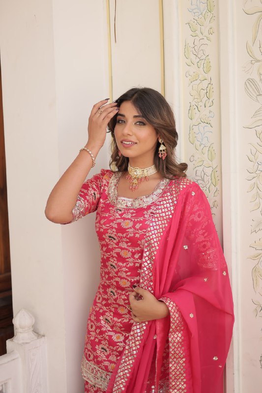 Magnificent Viscous Jacquard Designer Top Sharara Suit - Ethnicwish