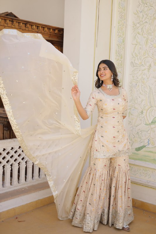Magnificent Viscous Jacquard Designer Top Sharara Suit - Ethnicwish