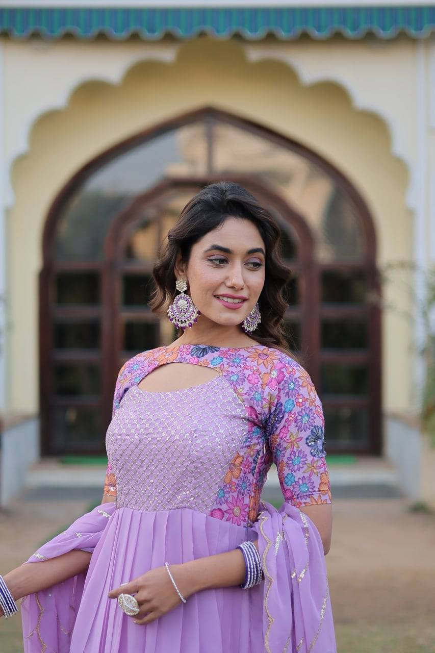 Whimsical Faux Georgette Rich Floral Printed Gown - Ethnicwish