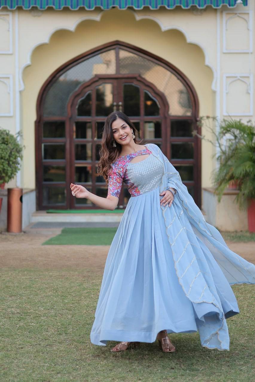 Whimsical Faux Georgette Rich Floral Printed Gown - Ethnicwish