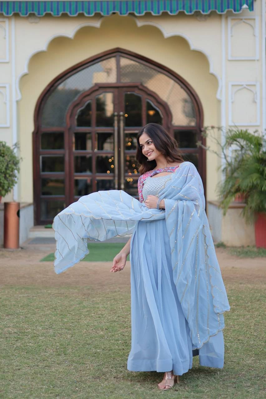 Whimsical Faux Georgette Rich Floral Printed Gown - Ethnicwish
