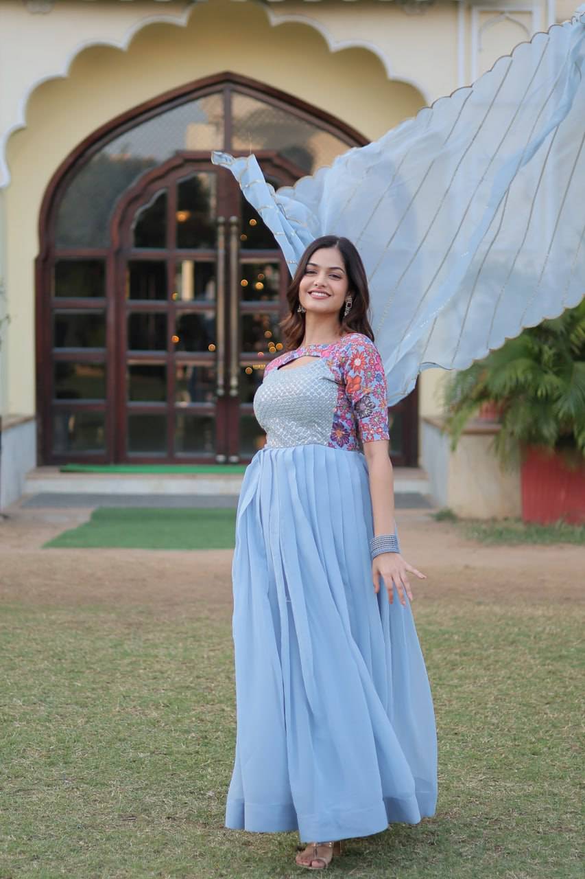 Whimsical Faux Georgette Rich Floral Printed Gown - Ethnicwish