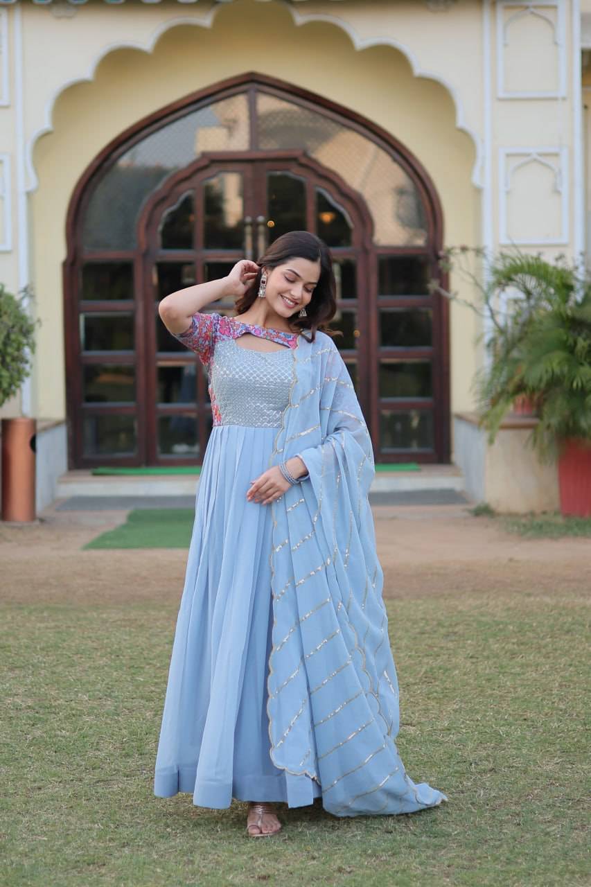 Whimsical Faux Georgette Rich Floral Printed Gown - Ethnicwish