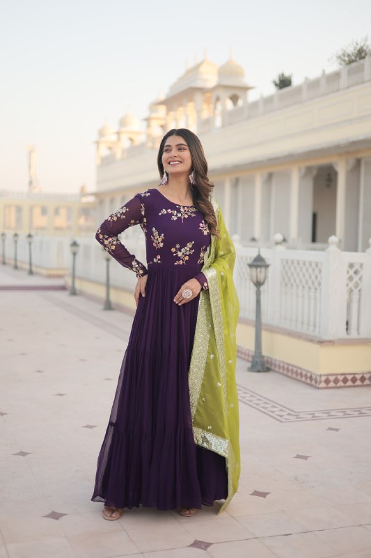 Arresting Purple Faux Georgette Multi Sequins Worked Designer Gown - Ethnicwish
