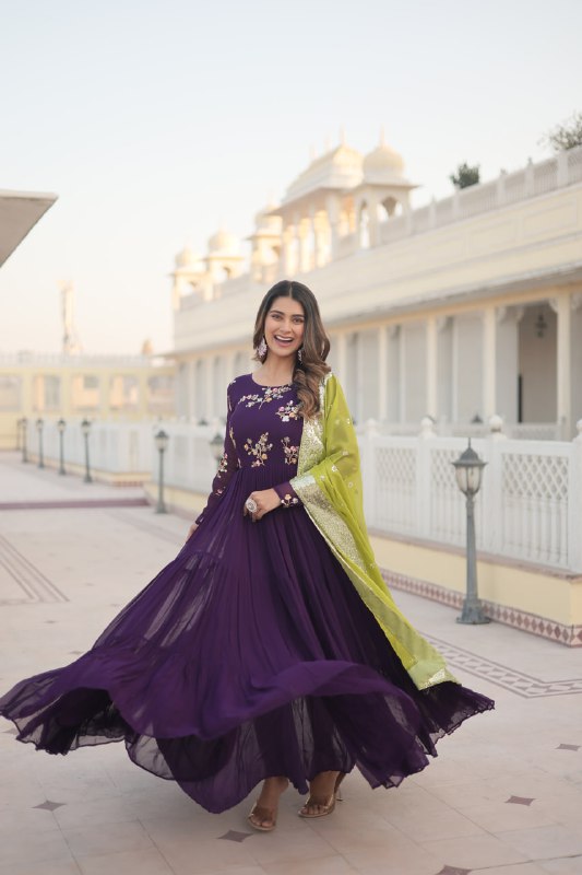 Arresting Purple Faux Georgette Multi Sequins Worked Designer Gown - Ethnicwish