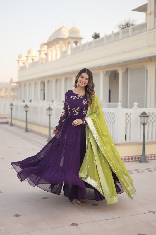 Arresting Purple Faux Georgette Multi Sequins Worked Designer Gown - Ethnicwish