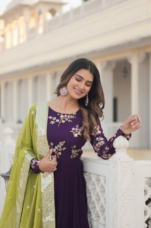 Arresting Purple Faux Georgette Multi Sequins Worked Designer Gown - Ethnicwish