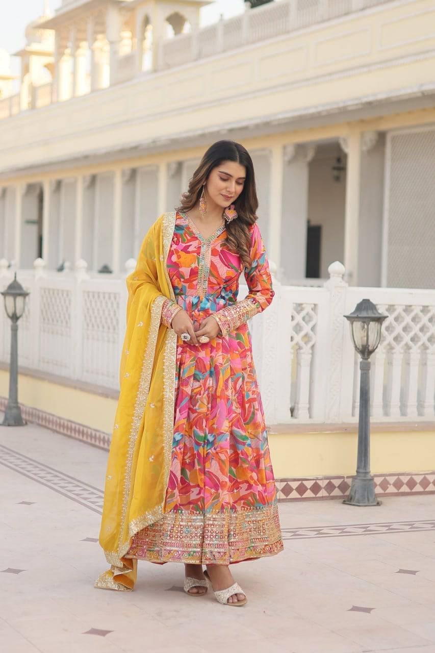 Ethereal Russian Silk Floral Printed Sequins Worked Gown - Ethnicwish