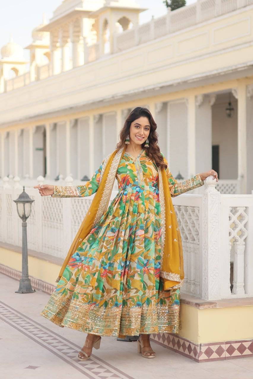 Ethereal Russian Silk Floral Printed Sequins Worked Gown - Ethnicwish