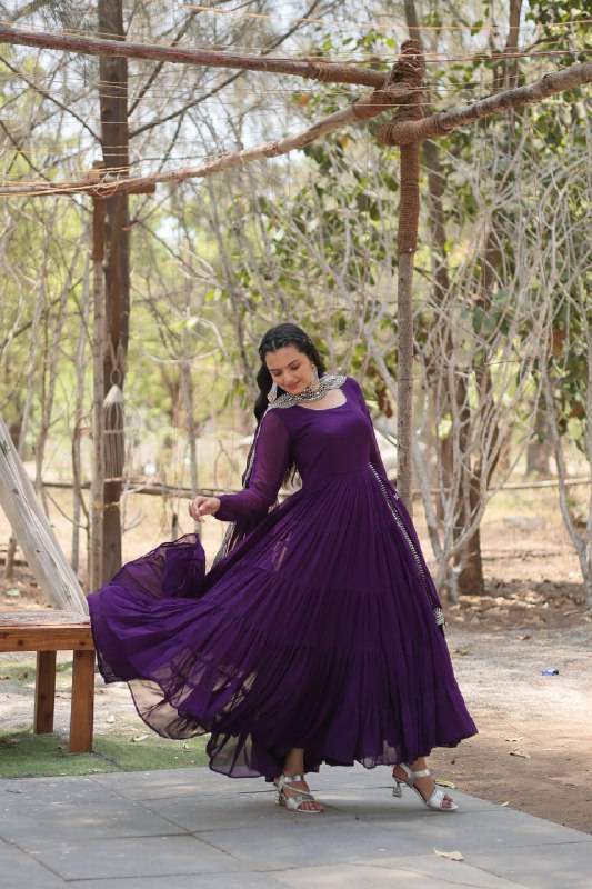 Delightful Faux Georgette 15 Meter Flared Fully Stitched Ruffle Gown - Ethnicwish
