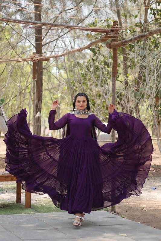 Delightful Faux Georgette 15 Meter Flared Fully Stitched Ruffle Gown - Ethnicwish