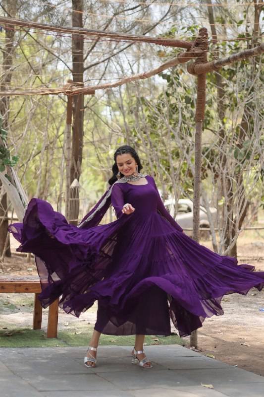 Delightful Faux Georgette 15 Meter Flared Fully Stitched Ruffle Gown - Ethnicwish