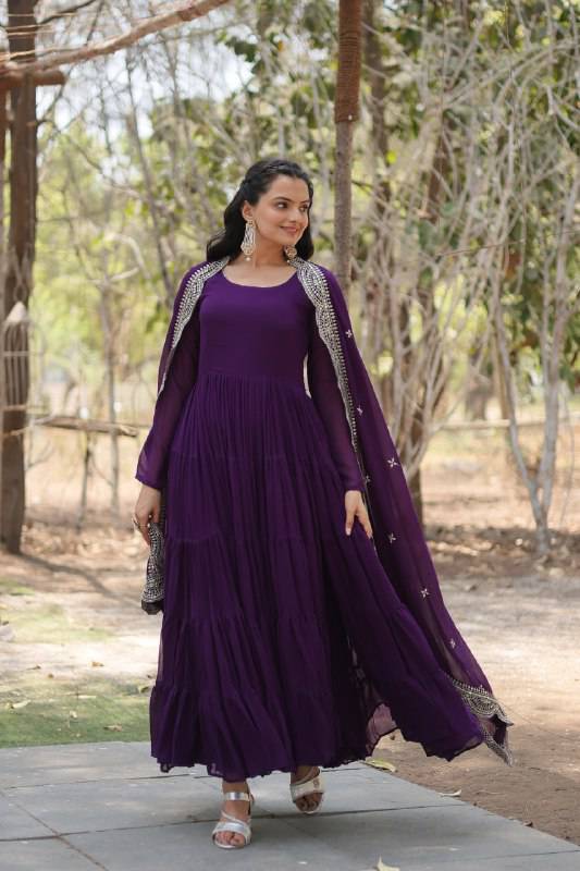 Delightful Faux Georgette 15 Meter Flared Fully Stitched Ruffle Gown - Ethnicwish