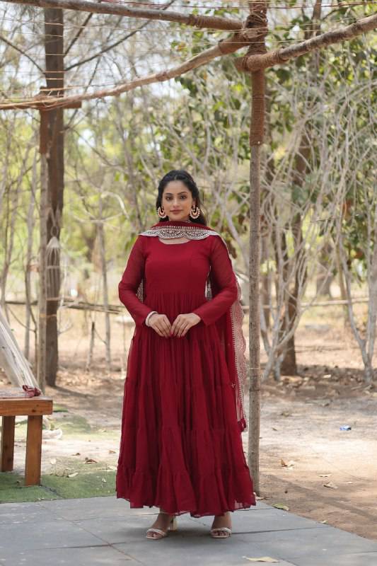 Delightful Faux Georgette 15 Meter Flared Fully Stitched Ruffle Gown - Ethnicwish