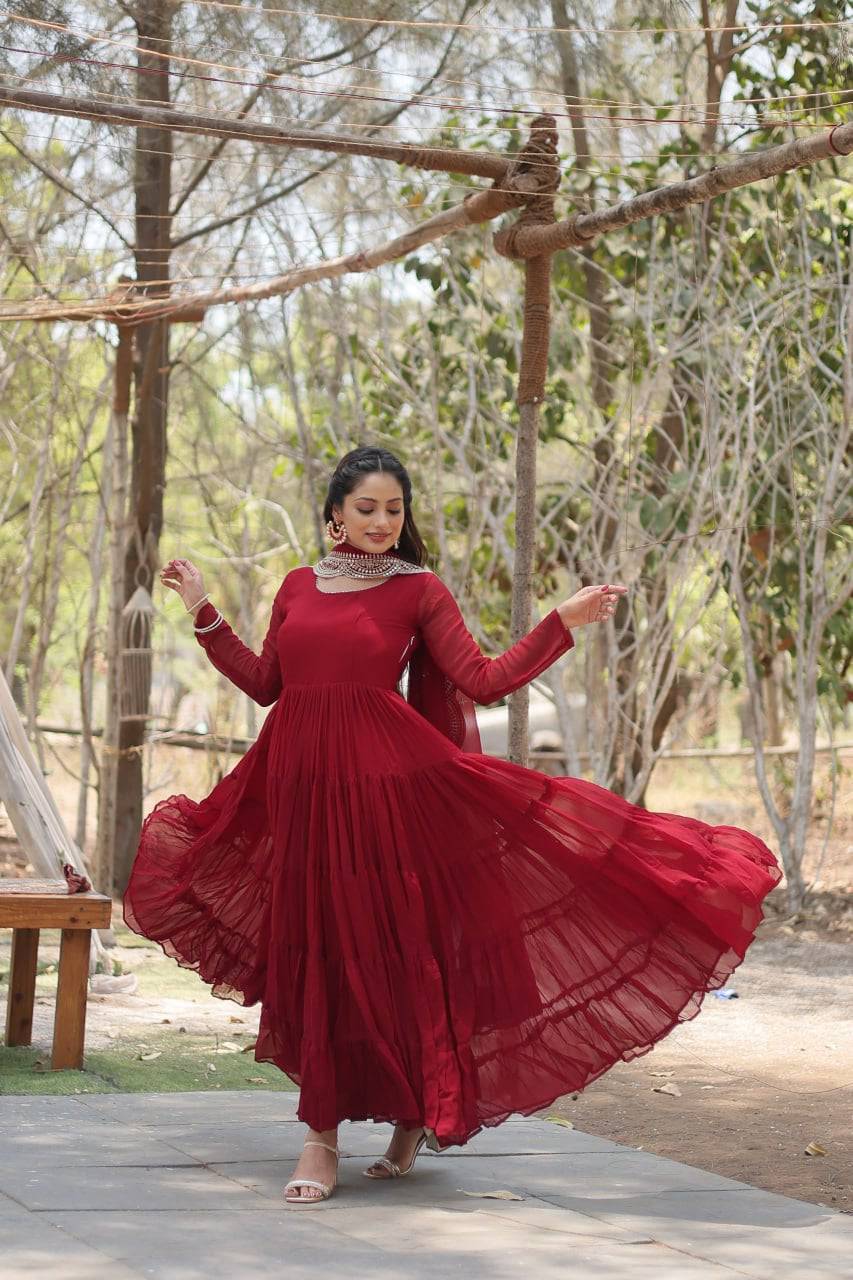 Delightful Faux Georgette 15 Meter Flared Fully Stitched Ruffle Gown - Ethnicwish