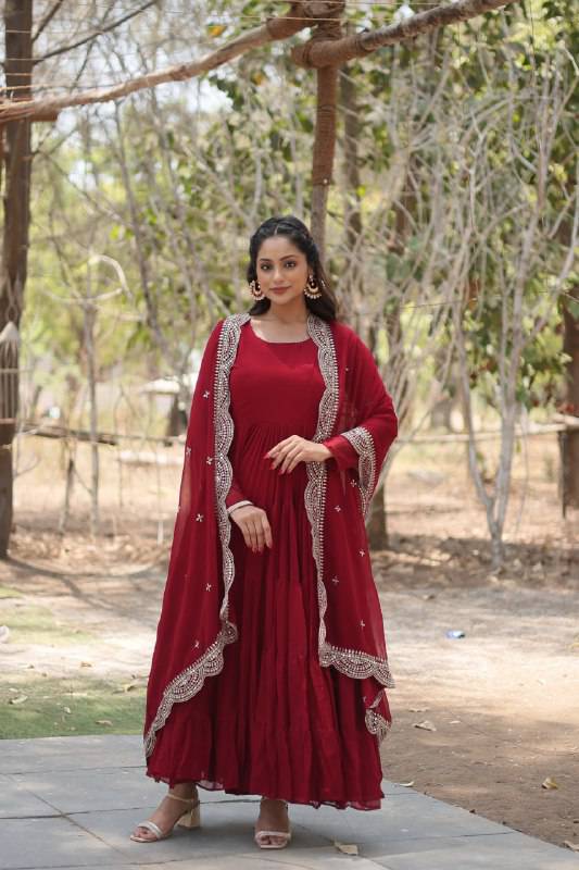 Delightful Faux Georgette 15 Meter Flared Fully Stitched Ruffle Gown - Ethnicwish