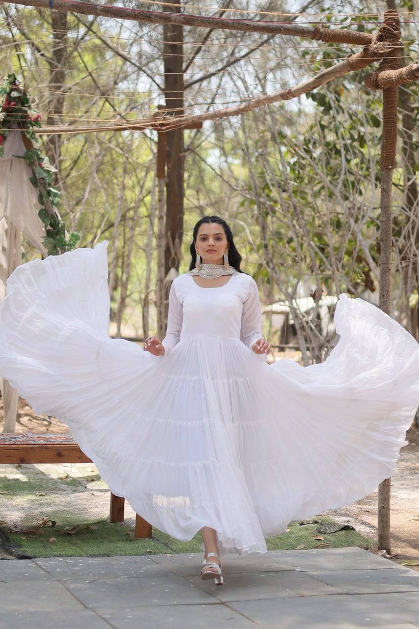 Delightful Faux Georgette 15 Meter Flared Fully Stitched Ruffle Gown - Ethnicwish