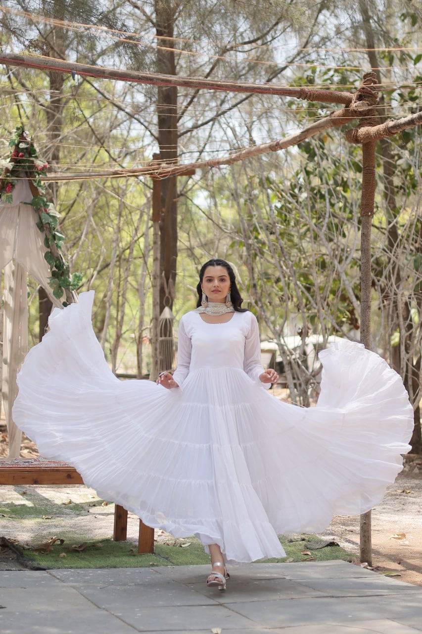 Delightful Faux Georgette 15 Meter Flared Fully Stitched Ruffle Gown - Ethnicwish