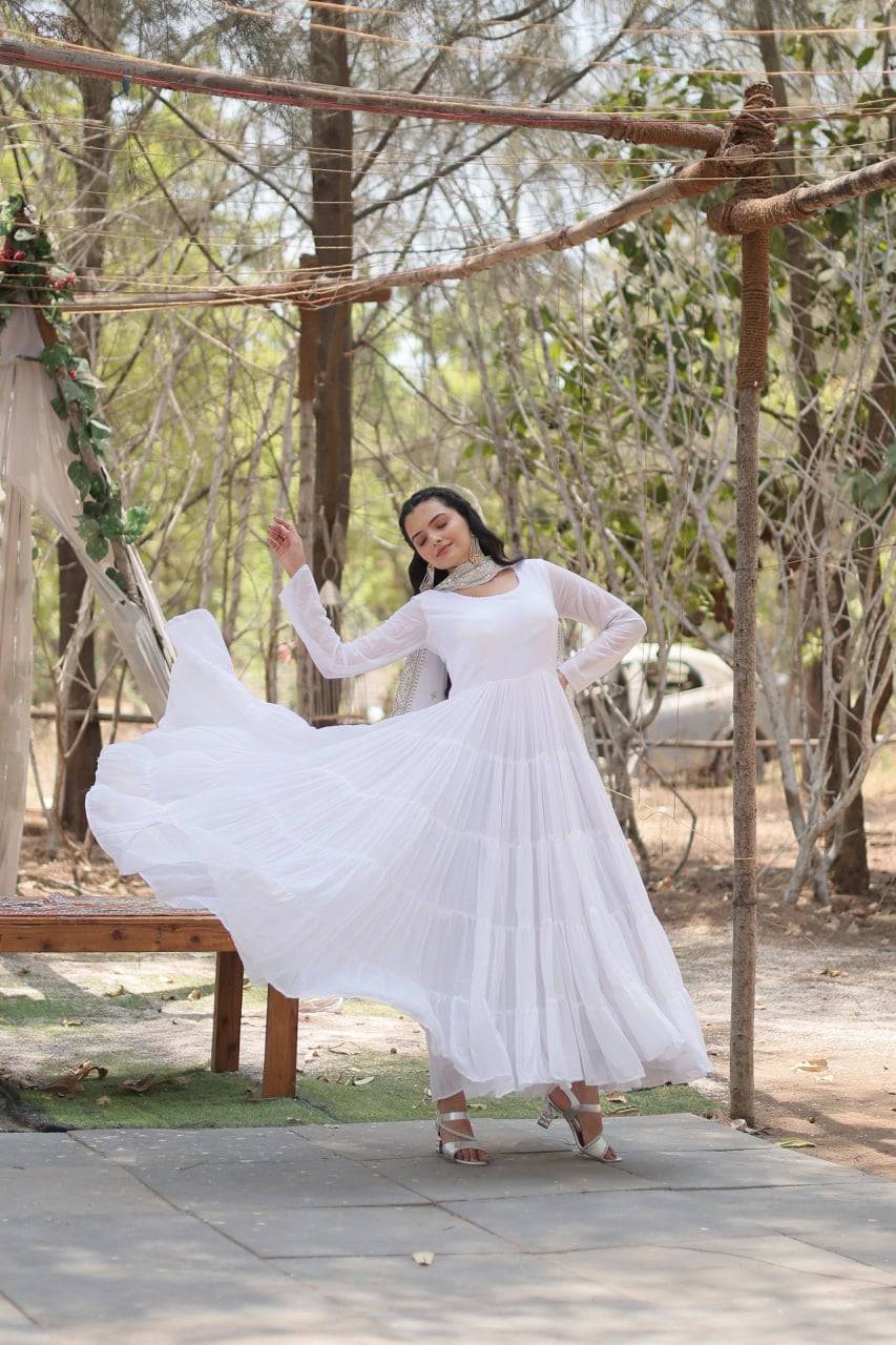 Delightful Faux Georgette 15 Meter Flared Fully Stitched Ruffle Gown - Ethnicwish