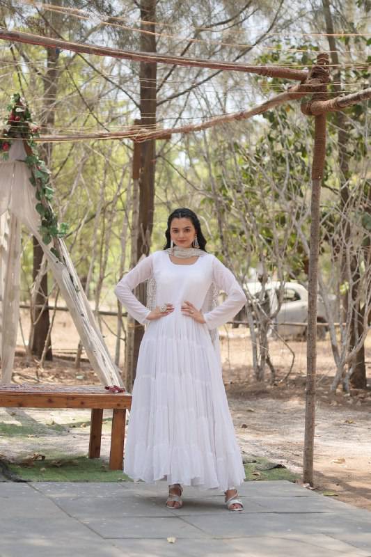 Delightful Faux Georgette 15 Meter Flared Fully Stitched Ruffle Gown - Ethnicwish