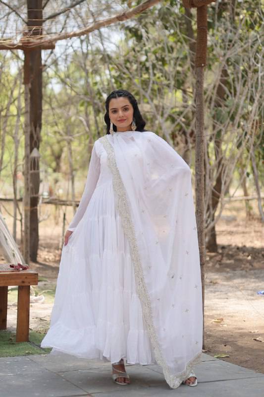 Delightful Faux Georgette 15 Meter Flared Fully Stitched Ruffle Gown - Ethnicwish