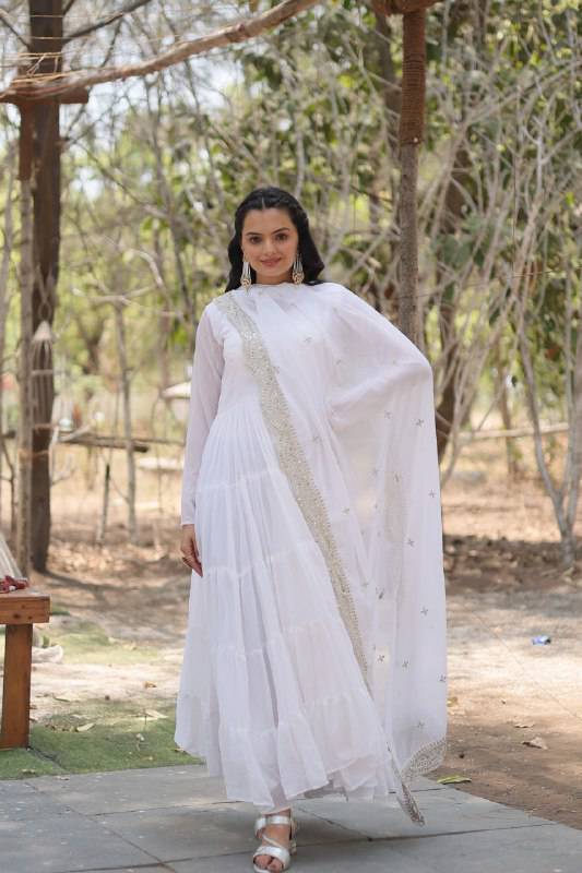 Delightful Faux Georgette 15 Meter Flared Fully Stitched Ruffle Gown - Ethnicwish