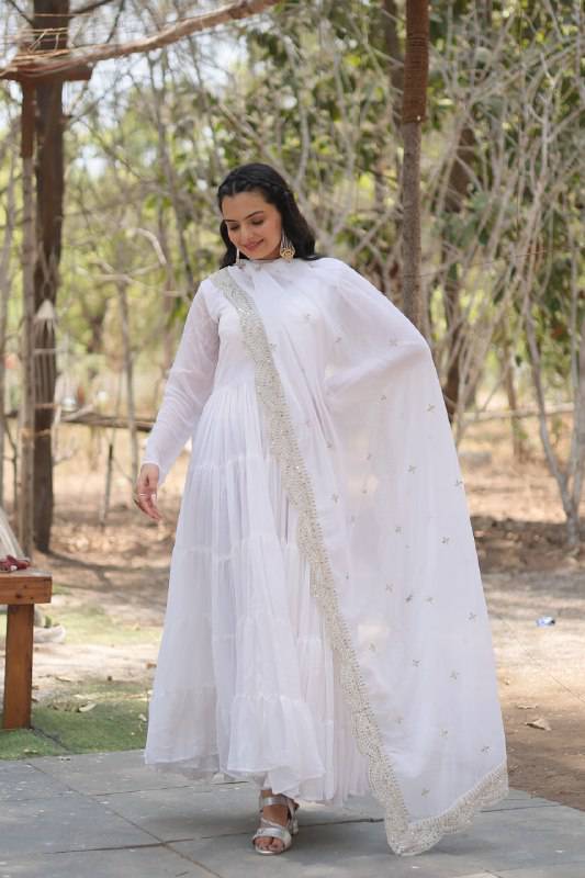 Delightful Faux Georgette 15 Meter Flared Fully Stitched Ruffle Gown - Ethnicwish