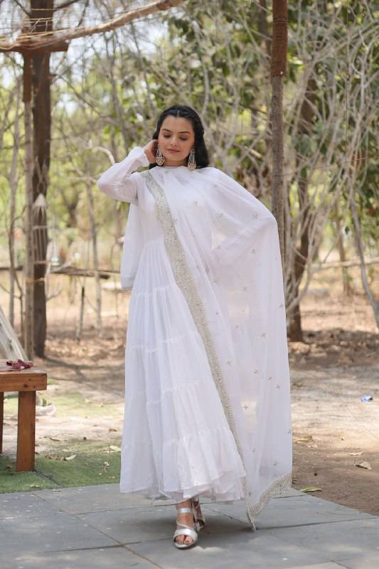 Delightful Faux Georgette 15 Meter Flared Fully Stitched Ruffle Gown - Ethnicwish
