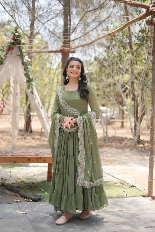 Delightful Faux Georgette 15 Meter Flared Fully Stitched Ruffle Gown - Ethnicwish