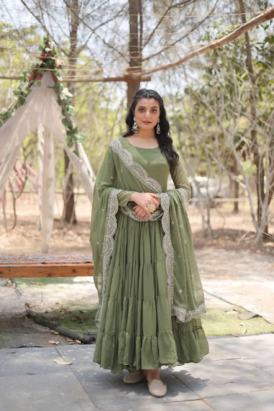 Delightful Faux Georgette 15 Meter Flared Fully Stitched Ruffle Gown - Ethnicwish