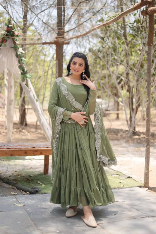 Delightful Faux Georgette 15 Meter Flared Fully Stitched Ruffle Gown - Ethnicwish
