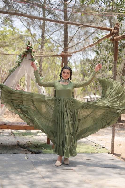 Delightful Faux Georgette 15 Meter Flared Fully Stitched Ruffle Gown - Ethnicwish