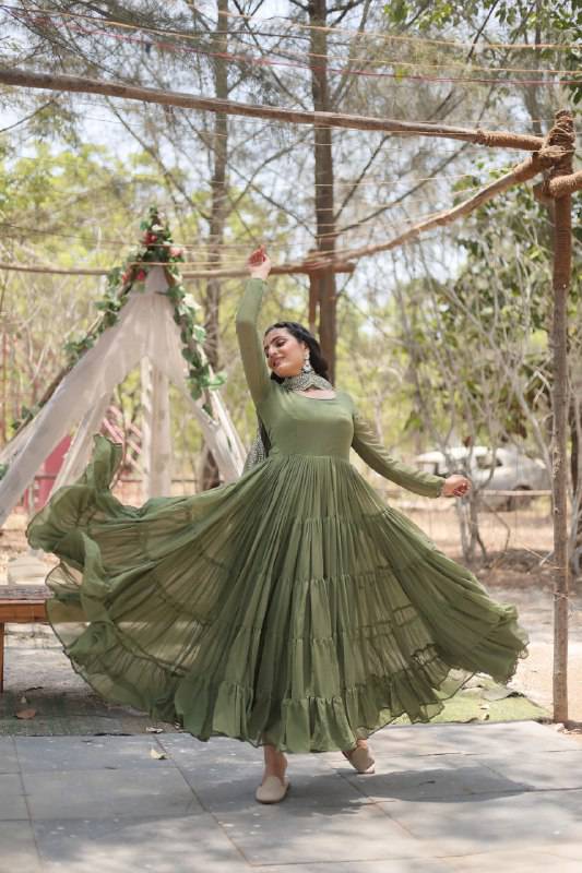 Delightful Faux Georgette 15 Meter Flared Fully Stitched Ruffle Gown - Ethnicwish