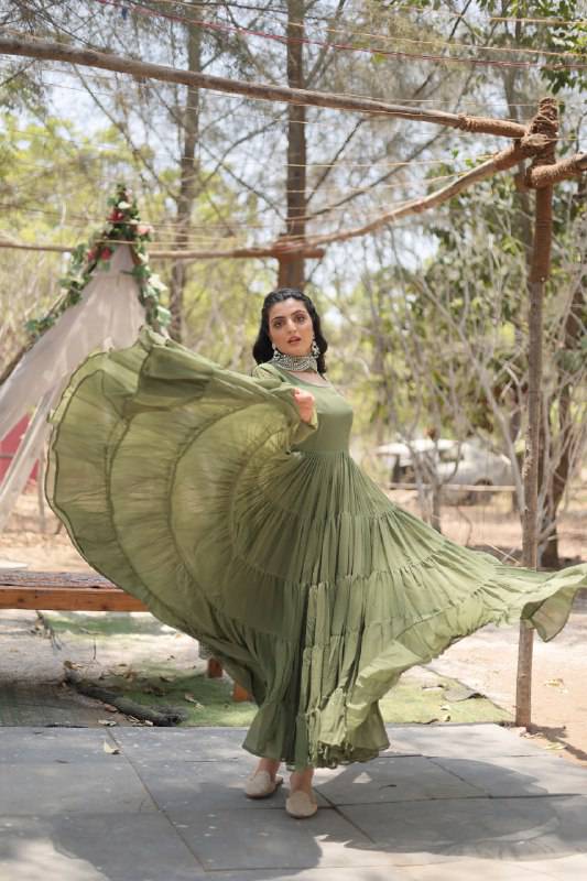 Delightful Faux Georgette 15 Meter Flared Fully Stitched Ruffle Gown - Ethnicwish