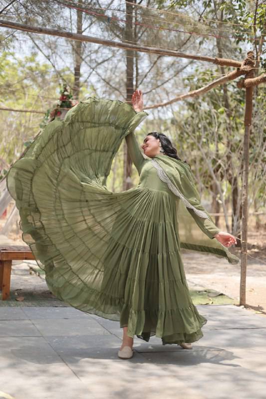 Delightful Faux Georgette 15 Meter Flared Fully Stitched Ruffle Gown - Ethnicwish
